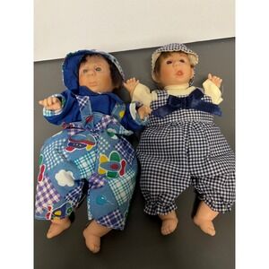 Vintage Porcelain Miniature Baby Dolls Set of 2 Blue Gingham Airplane 8 Inch
